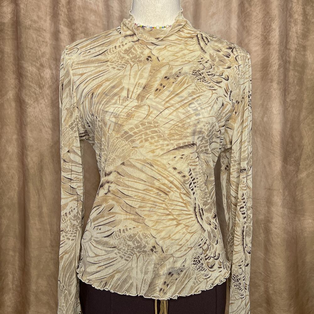 Vintage Y2K Animal Print Mesh Top Sheer Scalloped Long Sleeve McBling Euro Indie